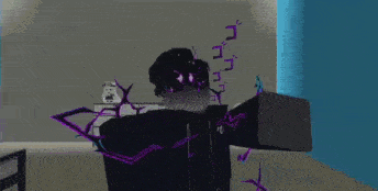 a cartoon character with purple eyes is standing in a room with a clock in the background .