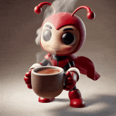 a cartoon ant is holding a cup of coffee