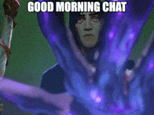 a cartoon of a man with a sword and the words " good morning chat "