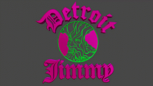 a logo for detroit jimmy with a green and pink circle