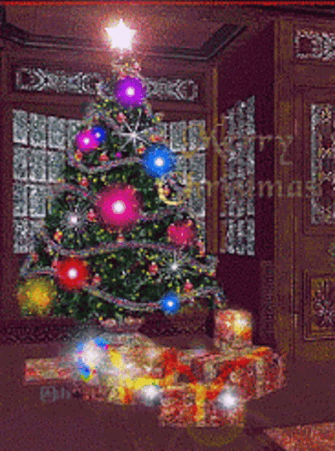 a room with a christmas tree and gifts and the words merry christmas