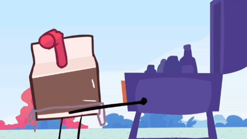 a cartoon drawing of a box of milk and a barbecue grill