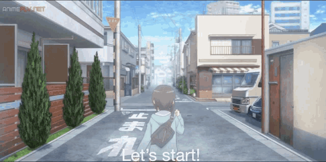 a person is walking down a street with the words let 's start written on the bottom