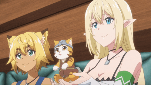 a blonde anime girl is holding a cat in her hand