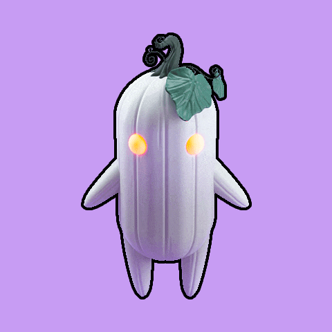 a cartoon drawing of a white pumpkin with glowing eyes