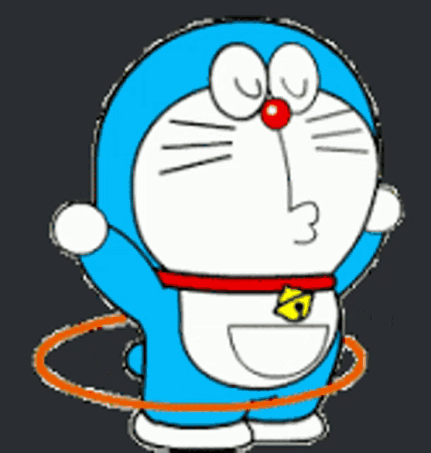 doraemon is playing with a hula hoop on a dark background