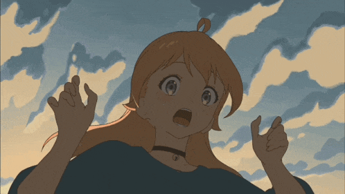 a cartoon of a girl with a choker looking up at the sky