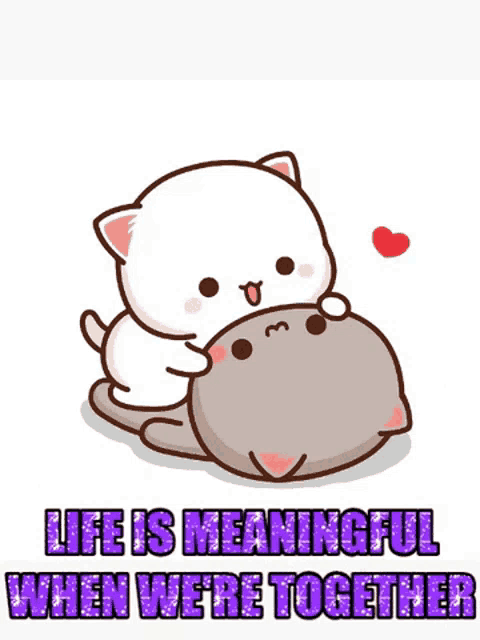 a cartoon of a cat hugging another cat with the words " life is meaningful when we 're together "