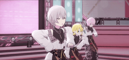 a group of anime characters are standing on a stage with their hands on their hips
