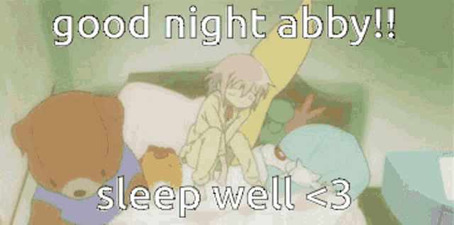 a cartoon of a girl laying on a bed with the words " good night abby !! sleep well < 3 "