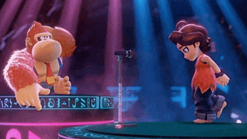 donkey kong and a little girl are singing into a microphone .