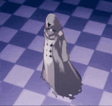 a person in a white robe with a hood is standing on a checkered floor .