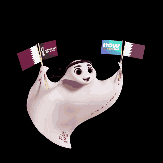 a cartoon character is holding two flags that say now on them