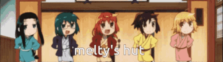 a group of anime girls standing next to each other with the words melty 's hut written on the bottom right