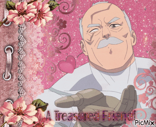a picture of a man with a mustache is surrounded by pink flowers and the words " a treasured friend "
