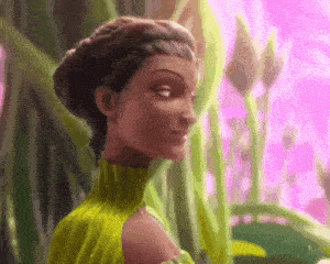 a close up of a cartoon character wearing a green dress .