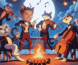 a group of cats are playing musical instruments around a campfire .