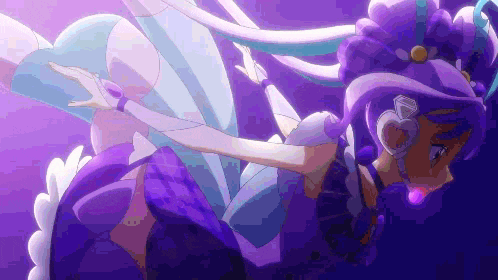 a girl with purple hair and a purple dress is flying in the air .