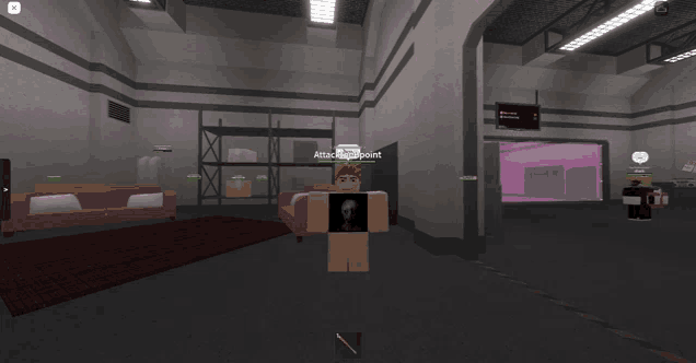 a screenshot of a video game shows a person named attack point standing in a room