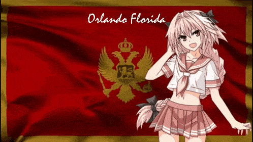 a girl in a school uniform is standing in front of a flag that says orlando florida