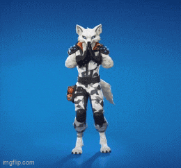 a white fox in a camouflage suit is dancing on a blue background
