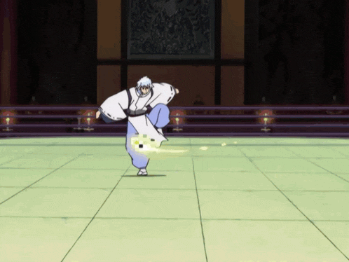 a cartoon character in a white robe is doing a karate move