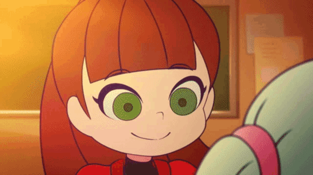 a cartoon girl with red hair and green eyes smiles