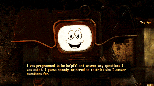 a robot with a smiling face and the words " yes man " below it