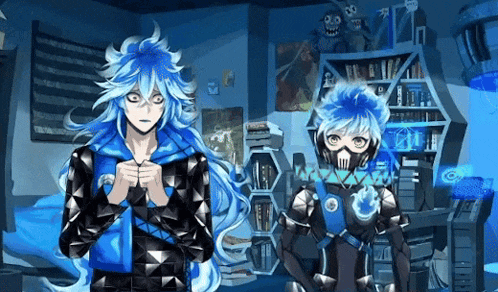 a couple of anime characters standing next to each other in a room with a bookshelf .