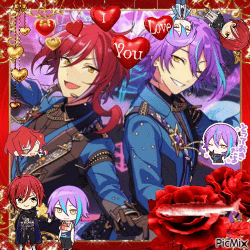 a picture of two anime characters with a heart that says " i love you "
