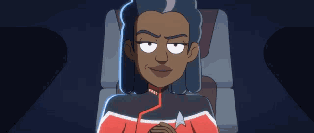 a cartoon of a woman in a red and black uniform