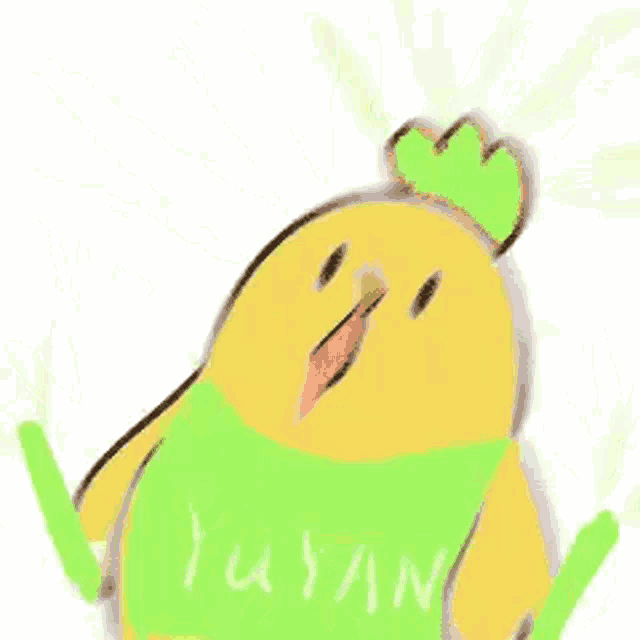 a drawing of a yellow chicken wearing a green shirt with the word yuyan written on it