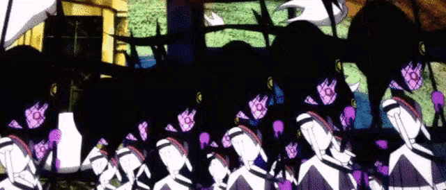 a cartoon of a group of people standing in front of a giant monster .