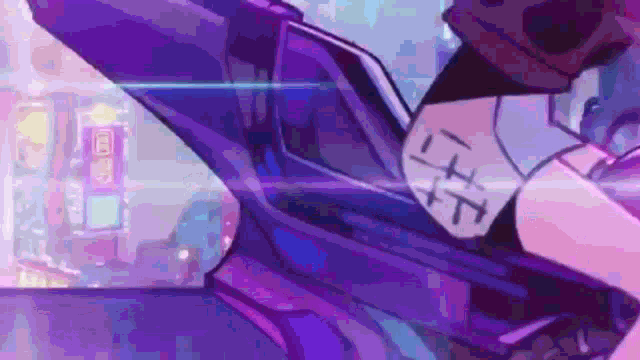 a purple background with a person holding a gun and a sign that says ' i + i ' on it