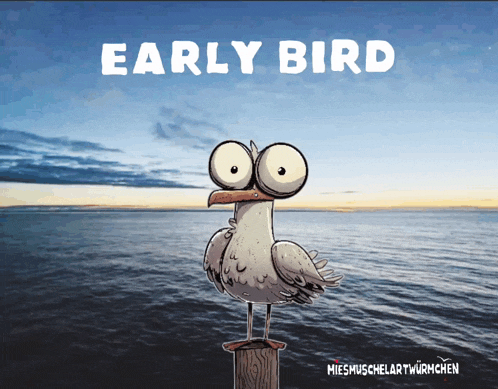 a cartoon of an early bird standing on a pole