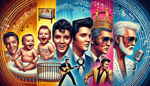 a collage of elvis presley 's life including a baby in a crib