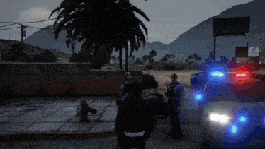two police officers are talking to a man on a motorcycle in a video game