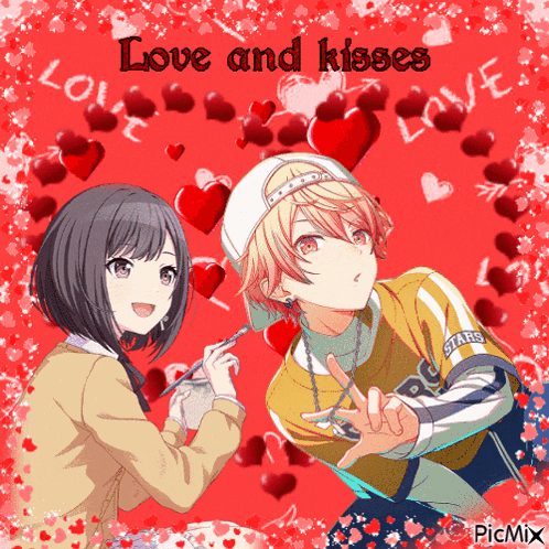 a picture of a boy and a girl with the words love and kisses on the bottom