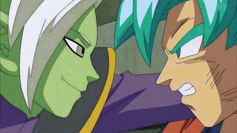 a couple of anime characters are standing next to each other .