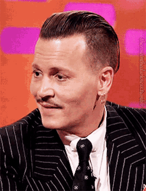 a close up of a man wearing a suit and tie with a mustache