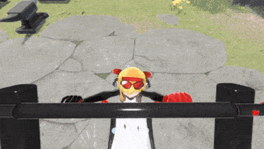 a cartoon character wearing sunglasses and a red hat stands behind a black railing