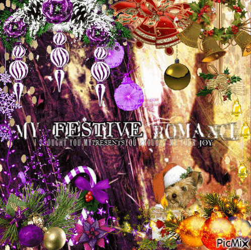 a picture of a dog surrounded by christmas decorations with the words my festive romance