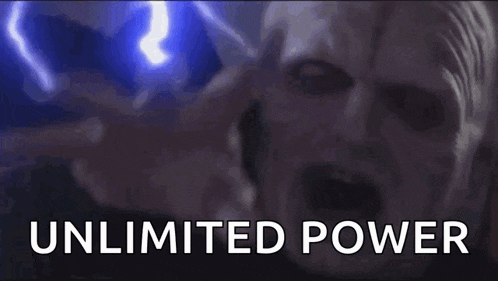 a man is holding a lightning bolt in front of his face and the words `` unlimited power '' are visible .