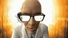 a man wearing glasses and a white coat is smiling