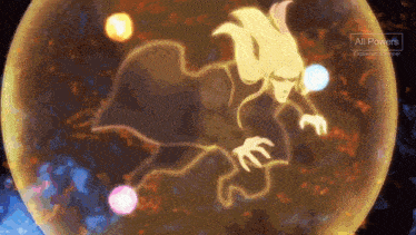 a cartoon character is surrounded by a yellow sphere that says all power on the bottom