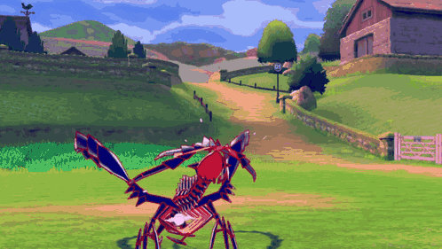 a pixel art drawing of a monster in a field with a house in the background