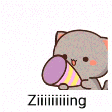 a cartoon cat is holding a party hat in its mouth and says ziiiiiiiiing .