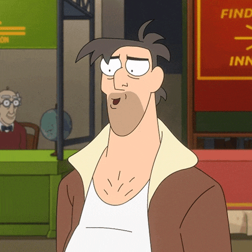 a cartoon man stands in front of a sign that says find an inn