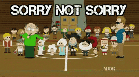 a group of people are standing around a basketball court with the words sorry not sorry on the bottom
