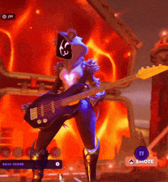 a video game character is playing a bass guitar with a purple background